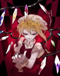 Rule 34 | 1girl, blonde hair, checkered background, collared shirt, cowboy shot, crystal, dress shirt, flandre scarlet, hat, highres, ikurauni, long hair, looking at viewer, mob cap, nail polish, open mouth, outstretched arm, outstretched hand, red eyes, red nails, red skirt, red theme, red vest, shirt, short sleeves, side ponytail, skirt, skirt set, solo, touhou, vest, white hat, wings, wrist cuffs