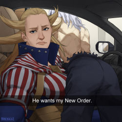 Rule 34 | 1boy, 1girl, :/, american flag, american flag print, ass, back, blonde hair, bodysuit, boku no hero academia, breikka, cape, car, car interior, car seat, closed mouth, commentary, english commentary, english text, flag print, grey hair, hair slicked back, he wants to order (meme), height difference, high collar, impossible hair, interior, leaning over, lips, long hair, looking at viewer, median furrow, meme, motor vehicle, pants, parted lips, rear-view mirror, scar, selfie, shigaraki tomura, snapchat, spoilers, star and stripe (boku no hero academia), steering wheel, topless male, torn clothes