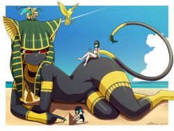 Rule 34 | &gt; &lt;, 4girls, all fours, animal ears, aqua hair, barefoot, beach, bikini, bird, black hair, black skin, blonde hair, cat ears, cat girl, cat tail, cellphone, colored inner hair, colored skin, crossed legs, egyptian, giant, giantess, green hair, highres, looking at another, lying, multicolored hair, multiple girls, nail polish, navel, nemes, on side, original, owl, phone, pyramid (structure), red eyes, sand sculpture, sitting, sitting on person, slit pupils, smartphone, sphinx, standing on another&#039;s head, sunglasses, swimsuit, tail, toipokun oyashi, two-tone hair, usekh collar, wariza, wings