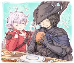 Rule 34 | 2girls, :t, alisaie leveilleur, armor, black gloves, black hair, black headwear, blush, burger, cloak, closed eyes, closed mouth, cookie, eating, facing another, final fantasy, final fantasy xiv, fingerless gloves, food, gauntlets, gloves, grey eyes, hat, highres, holding, holding food, jacket, looking down, messy hair, multiple girls, pink hair, pizza, pizza slice, pointy ears, ponytail, red gloves, red jacket, short hair, shoulder armor, sitting, smile, steak, steam, twitter username, yue limsa, zero (ff14)
