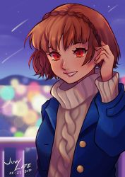 Rule 34 | 1girl, absurdres, artist name, artist request, blue jacket, blush, braid, breasts, breath, brown hair, brown sweater, buttons, collared jacket, crown braid, female focus, highres, jacket, juvylatte, long sleeves, looking at viewer, medium breasts, night, night sky, niijima makoto, open clothes, open jacket, outdoors, parted lips, persona, persona 5, persona 5 the royal, red eyes, red lips, shooting star, short hair, sky, smile, solo, sweater, teeth, turtleneck, turtleneck sweater, unbuttoned