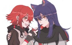 Rule 34 | 2girls, animal ear fluff, animal ears, arknights, arm around shoulder, black capelet, black gloves, blue hair, capelet, chinese commentary, commentary, earrings, english commentary, exusiai (arknights), fingerless gloves, food, gloves, hair between eyes, hug, jacket, jewelry, kotori (b-i-r-d), long hair, mixed-language commentary, mouth hold, multiple girls, open mouth, orange eyes, pocky, red hair, short hair, simple background, smile, texas (arknights), tongue, tongue out, upper body, white background, white jacket, wolf ears, yuri