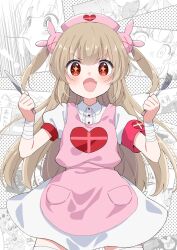 Rule 34 | &gt; &lt;, 1girl, :d, apron, armband, bandaged arm, bandaged wrist, bandages, blush, center frills, collared dress, commentary request, cowboy shot, dress, fang, fork, frills, hair ornament, hands up, hat, heart, heart print, highres, holding, holding fork, holding knife, ica, knife, light brown hair, long hair, looking at viewer, multiple views, natori sana, nurse cap, open mouth, pink apron, pink headwear, pocket, puffy short sleeves, puffy sleeves, rabbit hair ornament, red armband, red eyes, sana channel, short sleeves, smile, sparkling eyes, thighhighs, two side up, v-shaped eyebrows, virtual youtuber, white dress, white thighhighs