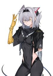 Rule 34 | 1girl, animal ears, arknights, black bodysuit, black hairband, bodysuit, breasts, chest harness, closed mouth, clothing cutout, commentary request, grey hair, hairband, hand up, harness, highres, linea alba, looking at viewer, molu stranger, mouse ears, mouse girl, mouse tail, scavenger (arknights), scavenger (survive) (arknights), side cutout, simple background, skin tight, small breasts, solo, tail, white background, wrist wrap, yellow eyes