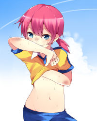 Rule 34 | 1boy, arm up, bad id, bad pixiv id, blue eyes, blush, dirty, dirty face, hand on own chest, inazuma eleven (series), inazuma eleven go, kirino ranmaru, male focus, midriff, navel, pants, pink hair, ponytail, pun2, shirt, short twintails, smile, solo, sweat, trap, twintails