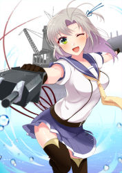 Rule 34 | 1girl, antenna hair, belt, black thighhighs, breasts, cannon, green eyes, grey hair, hair ribbon, hair tie, highres, kantai collection, kazuki kan, kinugasa (kancolle), kinugasa kai ni (kancolle), medium breasts, necktie, one eye closed, one side up, open mouth, ribbon, smile, solo, standing, standing on one leg, thighhighs, turret, water, white background, yellow necktie