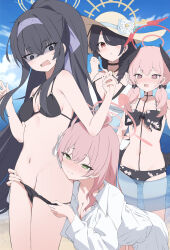 Rule 34 | 4girls, @ @, ahoge, bikini, black bikini, black choker, black eyes, black hair, blue archive, blue sky, bow, breasts, choker, cleavage, closed mouth, cloud, collared shirt, commentary request, cross, cross earrings, earrings, floral print, green eyes, hair bow, halo, hanako (blue archive), hanako (swimsuit) (blue archive), hands up, head wings, high ponytail, highres, hinata (blue archive), hinata (swimsuit) (blue archive), jewelry, koharu (blue archive), koharu (swimsuit) (blue archive), large breasts, long hair, looking at another, looking down, low twintails, multiple girls, navel, o-ring, o-ring bikini, official alternate costume, open mouth, panties, panty pull, partially unbuttoned, pink hair, pink halo, ponytail, print bikini, red halo, shinshia (sinsia 0928), shirt, sidelocks, sky, small breasts, standing, swimsuit, tattoo, transparent innertube, twintails, ui (blue archive), ui (swimsuit) (blue archive), underwear, white bow, white shirt, wings, yellow halo, yellow headwear