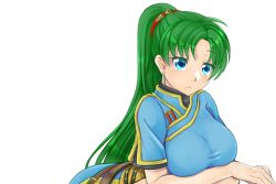 Rule 34 | 1girl, bad id, bad pixiv id, blue eyes, breasts, fire emblem, fire emblem: the blazing blade, green hair, high ponytail, large breasts, long hair, lyn (fire emblem), nintendo, ponytail, renka (1680892), simple background, solo, very long hair, white background
