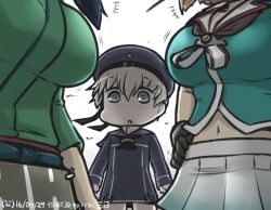 Rule 34 | +++, 3girls, blue hair, breast envy, breasts, brown hair, clothes writing, commentary request, dated, dress, german clothes, hamu koutarou, hat, japanese clothes, kantai collection, large breasts, looking at breasts, maya (kancolle), miniskirt, multiple girls, navel, pleated skirt, remodel (kantai collection), sailor dress, sailor hat, silver hair, skirt, souryuu (kancolle), standing, twintails, view between breasts, z1 leberecht maass (kancolle)
