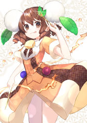 Rule 34 | 1girl, brown eyes, brown hair, butter, curly hair, cutlery, food, fork, hair ornament, highres, holding, holding fork, leaf, orange skirt, original, personification, plaid, short sleeves, simple background, skirt, solo, syrup, tongue, usalxlusa