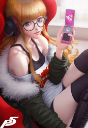 Rule 34 | 10s, 1girl, boots, cellphone, cross-laced footwear, flip phone, fur trim, headphones, highres, jacket, lace-up boots, logo, necronomicon (persona 5), off shoulder, orange hair, parted lips, persona, persona 5, phone, purple eyes, revision, sakura futaba, short shorts, shorts, sitting, solo, stanley lau, thighhighs, thighhighs under boots