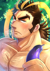 Rule 34 | 1boy, absurdres, bara, beard, blonde hair, blush, brown hair, chest hair, eggplant, facial hair, green eyes, halo, halo behind head, highres, huge filesize, kageru (mofnyan), long hair, long sideburns, looking at viewer, male focus, mature male, multicolored hair, muscular, muscular male, nude, pectorals, sexually suggestive, sideburns, solo, streaked hair, stubble, sweatdrop, thick eyebrows, tokyo houkago summoners, upper body, yamasachihiko (housamo)