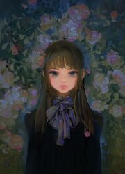 Rule 34 | 1girl, arms at sides, black shirt, brown hair, closed mouth, expressionless, floral background, flower, green eyes, hair over shoulder, highres, leaf, lips, long hair, long sleeves, looking at viewer, original, pink flower, pink rose, rose, shirt, solo, straight-on, upper body, yeono0