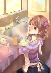 Rule 34 | 1girl, absurdres, apron, bad id, bad pixiv id, beads, blush, brown eyes, brown hair, bulletin board, butter, cookie, cooking, counter, dress, faucet, food, fujimoto kishino, highres, kitchen, lace, original, ribbon, sink, skirt, soap, solo, spatula, sponge, talking, weighing scale, whisk, window