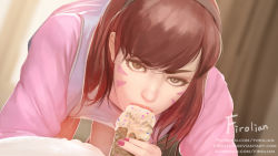 Rule 34 | 1girl, all fours, brown eyes, brown hair, d.va (overwatch), facial mark, fellatio, firolian, food, highres, ice cream, jacket, lips, looking at viewer, oral, overwatch, overwatch 1, paid reward available, pale skin, sexually suggestive, simulated fellatio, solo