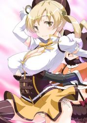 Rule 34 | 10s, 2girls, arm up, beret, blonde hair, blush, breasts, brown legwear, capelet, cleavage, corset, covered erect nipples, detached sleeves, drill hair, hair ornament, hairpin, hat, large breasts, looking at viewer, magical girl, mahou shoujo madoka magica, mahou shoujo madoka magica: hangyaku no monogatari, momoe nagisa, momoe nagisa (magical girl), multiple girls, nipples, open clothes, open mouth, open shirt, panties, pleated skirt, puffy short sleeves, puffy sleeves, shinama, shirt, short sleeves, side-tie panties, skirt, smile, striped clothes, striped panties, striped thighhighs, thighhighs, tomoe mami, tomoe mami (magical girl), twin drills, twintails, underwear, vertical-striped clothes, vertical-striped thighhighs, white hair, yellow eyes