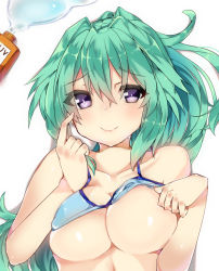 Rule 34 | 10s, 1girl, bad id, bad nicoseiga id, bikini, breasts, cleavage, female focus, green hair, green heart (neptunia), highres, large breasts, long hair, looking at viewer, neptune (series), no nipples, ponytail, power symbol, purple eyes, shiny skin, smile, solo, swimsuit, symbol-shaped pupils, upper body, vert (neptune series)
