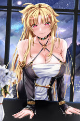 Rule 34 | 1girl, black choker, black sleeves, blonde hair, blurry, blurry foreground, breasts, choker, cleavage, closed mouth, collarbone, criss-cross halter, detached sleeves, dress, fate testarossa, flower, full moon, halterneck, highres, large breasts, leaning forward, long hair, long sleeves, looking at viewer, lyrical nanoha, mahou shoujo lyrical nanoha, mahou shoujo lyrical nanoha strikers, moon, night, red eyes, sky, sleeveless, sleeveless dress, sleeves past wrists, smile, solo, sougetsu izuki, star (sky), starry sky, upper body, very long hair, white dress, white flower