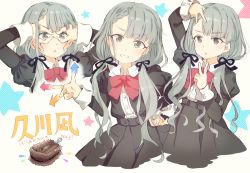 Rule 34 | 1girl, black bow, black dress, black ribbon, blouse, blunt bangs, blush, bow, braid, brown eyes, brush, character name, chestnut mouth, collared shirt, commentary request, double v, dress, gomennasai, grey hair, hair ribbon, hand on own hip, hisakawa nagi, idolmaster, idolmaster cinderella girls, idolmaster cinderella girls starlight stage, long hair, long sleeves, low twintails, md5 mismatch, multiple views, open mouth, resolution mismatch, ribbon, right-hand rule, shirt, single braid, smile, source larger, star (symbol), twintails, v, very long hair, white shirt