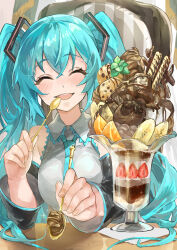 Rule 34 | 1girl, aqua hair, aqua necktie, banana, banana slice, bare shoulders, black sleeves, chair, chocolate, chocolate syrup, closed eyes, commentary, detached sleeves, facing viewer, food, fruit, glass, grey shirt, hair ornament, hatsune miku, highres, himukai aoi, holding, holding spoon, ice cream, incoming food, long hair, mint, necktie, open mouth, orange (fruit), orange slice, parfait, pov, shirt, sitting, sleeveless, sleeveless shirt, smile, solo, sparkle, spoon, strawberry, strawberry slice, table, twintails, upper body, variant set, very long hair, vocaloid, wafer stick