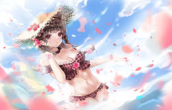 Rule 34 | 1girl, :o, absurdres, arknights, bad id, bad pixiv id, bikini, blue sky, blunt bangs, blush, braid, breasts, brown hair, choker, cleavage, cloud, cloudy sky, collarbone, commentary, day, dutch angle, eyebrows, eyjafjalla (arknights), eyjafjalla (summer flower) (arknights), flower, frilled bikini, frilled choker, frills, hand on own shoulder, hat, hat flower, head tilt, highres, long hair, looking at viewer, medium breasts, navel, ocean, off-shoulder bikini, off shoulder, official alternate costume, outdoors, parted lips, petals, plaid, plaid bikini, red bikini, red choker, red eyes, red flower, scup, sky, solo, stomach, straw hat, swimsuit, symbol-only commentary, twin braids, wading, water, yellow hat