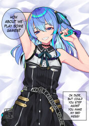 Rule 34 | 1boy, arm behind head, armpits, belt, black choker, black dress, blue eyes, blue hair, choker, collared dress, commentary, cosplay, crossdressing, dress, english commentary, english text, grin, handheld game console, holding, holding handheld game console, hololive, hoshimachi suisei, hoshimachi suisei (cosplay), jaheterbang, lace, lace choker, long hair, looking at viewer, lying, male focus, neck ribbon, on back, on bed, one side up, ribbon, sleeveless, sleeveless dress, smile, trap, virtual youtuber