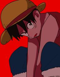 Rule 34 | 1boy, absurdres, black eyes, black hair, hat, highres, hunched over, looking at viewer, male focus, monkey d. luffy, one piece, onohi, open mouth, red background, sleeveless, solo, straw hat