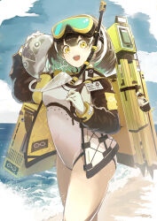 Rule 34 | 1girl, absurdres, alternate costume, arknights, beach, black jacket, blue sky, breasts, brown hair, commentary, diving mask, diving mask on head, feet out of frame, goggles, goggles on head, head tilt, highleg, highleg swimsuit, highres, id card, jacket, charm (object), looking at viewer, magallan (arknights), medium breasts, ocean, one-piece swimsuit, open mouth, outdoors, rhine lab logo, short hair, sky, smile, solo, swimsuit, emperor (arknights), waltz (mawazuya), water, white hair, white one-piece swimsuit, yellow eyes