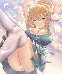 Rule 34 | 1girl, absurdres, arms up, ass, blonde hair, blue eyes, breasts, cleavage, dirndl, dutch angle, feathers, german clothes, grin, hair between eyes, hair bun, hair ornament, hands up, highres, hololive, hololive english, honkivampy, large breasts, medium hair, mole, mole on breast, over-kneehighs, panties, panty peek, revision, sleeves rolled up, smile, solo, takanashi kiara, takanashi kiara (dirndl), teeth, thighhighs, thighs, underwear, virtual youtuber, watson amelia, white panties, white thighhighs