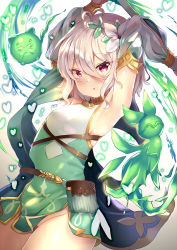 Rule 34 | 1girl, :o, antenna hair, armpits, arms up, bare shoulders, blush, breasts, commentary request, detached sleeves, dress, flower, green dress, groin, hair between eyes, hair flower, hair ornament, heart, highres, holding, kokkoro (princess connect!), long sleeves, looking at viewer, parted lips, pointy ears, princess connect!, puffy long sleeves, puffy sleeves, red eyes, see-through, see-through sleeves, silver hair, sleeveless, sleeveless dress, small breasts, solo, white flower, xephonia