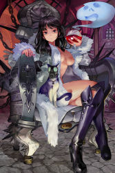 Rule 34 | 1girl, bell, black hair, blue eyes, boots, breasts, cat, chair, coat, collar, cupping glass, fangzhenyu, fur trim, ghost, glass, high heel boots, high heels, inishie no megami to houseki no ite, jingle bell, crossed legs, long hair, looking at viewer, mask, medium breasts, navel, sitting, solo, throne, window