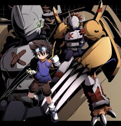 Rule 34 | armor, claws, digimon, digimon (creature), goggles, goggles on head, looking at viewer, smile, wargreymon, yagami taichi