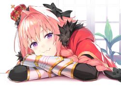 Rule 34 | 1boy, astolfo (fate), bad id, bad pixiv id, black bow, bow, braid, braided ponytail, cape, closed mouth, commentary request, crossed arms, crown, fang, fate/grand order, fate (series), fur-trimmed cape, fur trim, gauntlets, hair bow, hair intakes, head rest, highres, indoors, leaning forward, long hair, looking at viewer, male focus, nanotaro, pink hair, plant, purple eyes, red cape, single braid, sitting, skin fang, solo, trap, window