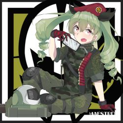 Rule 34 | 1girl, absurdres, aliasing, ammunition, anchovy (girls und panzer), anzio (emblem), arm support, beret, black footwear, black ribbon, body armor, boots, camouflage, character name, commentary request, cosplay, emblem, fang, from side, girls und panzer, gloves, green hair, green jacket, green pants, hair ribbon, hat, highres, holding, holding removed eyewear, jacket, knee pads, kshimu, laser, leaning back, long hair, long sleeves, looking at viewer, maestro (rainbow six siege), maestro (rainbow six siege) (cosplay), military hat, open mouth, pants, partial commentary, rainbow six siege, red eyes, red gloves, red hat, ribbon, shotgun shell, sitting, sleeves rolled up, smile, solo, tactical clothes, twintails, unworn eyewear