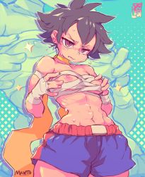 Rule 34 | 1girl, abs, black hair, blush, breasts, budget sarashi, choker, commentary, cosplay, english commentary, makoto (street fighter), navel, nipple slip, nipples, ribbon choker, sagat, sagat (cosplay), sarashi, short hair, shorts, small breasts, solo, starmilk, street fighter, tomboy, zoom layer