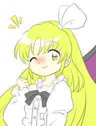 Rule 34 | 1girl, ;), blonde hair, bow, bowtie, buttons, center frills, clenched hand, closed mouth, frills, grey bow, grey bowtie, hair ribbon, hand up, kurumi (touhou), long hair, long sleeves, nonamejd, official style, one eye closed, puffy long sleeves, puffy sleeves, purple wings, ribbon, simple background, smile, solo, touhou, touhou (pc-98), white background, white ribbon, wings, yellow eyes, zun (style)