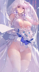 Rule 34 | 1girl, azur lane, bare shoulders, blue eyes, blush, bouquet, breasts, bridal veil, center opening, cleavage, covered erect nipples, dress, elbow gloves, flower, from below, garter straps, gloves, hair ornament, hair ribbon, halter dress, halterneck, highres, holding, holding bouquet, illustrious (azur lane), illustrious (morning star of love and hope) (azur lane), lace, lace-trimmed dress, lace panties, lace trim, large breasts, lifting own clothes, long hair, looking at viewer, low twintails, mole, mole under eye, open mouth, panties, purple eyes, ribbon, rose, signature, smile, solo, swd3e2, thighhighs, tiara, tress ribbon, tri tails, twintails, underwear, veil, wedding dress, white dress, white flower, white gloves, white hair, white panties, white rose, white thighhighs