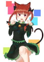 Rule 34 | 1girl, :d, absurdres, animal ears, bell, blunt bangs, blush, bow, braid, cat ears, cat tail, dress, extra ears, fang, foot out of frame, frills, green dress, hair bow, heart, heart tail, highres, kaenbyou rin, knee up, long sleeves, looking at viewer, multiple tails, nekomata, open mouth, paw pose, red eyes, red hair, simple background, siraele, smile, solo, tail, touhou, twin braids, two tails, white background