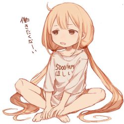 Rule 34 | 1girl, ahoge, bad id, bad twitter id, barefoot, blonde hair, brown eyes, clothes writing, full body, futaba anzu, idolmaster, idolmaster cinderella girls, indian style, long hair, looking at viewer, low twintails, mo (mokatampe), open mouth, shirt, short sleeves, simple background, sitting, solo, t-shirt, translation request, twintails, very long hair, white background, white shirt