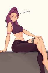 Rule 34 | 1girl, absurdres, artist name, body markings, braid, breasts, brown eyes, commentary, crop top, crossed legs, desk, earrings, english commentary, english text, facial mark, fire emblem, fire emblem: three houses, from side, hair pulled back, hand on own knee, highres, jewelry, large breasts, long hair, looking at viewer, looking to the side, navel, nintendo, on desk, petra macneary, ponytail, purple hair, raichiyo33, simple background, sitting, on desk, sleeveless, sleeveless turtleneck crop top, smile, solo