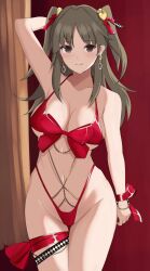 Rule 34 | 1girl, arm behind head, armpits, arms up, bikini, blush, bracelet, breasts, brown eyes, brown hair, chain, cleavage, collarbone, earrings, flower, groin, hair ornament, heart, heart hair ornament, highres, jewelry, large breasts, leg ribbon, linea alba, long hair, looking at viewer, lotus, navel, red bikini, red ribbon, renka (senran kagura), ribbon, senran kagura, senran kagura estival versus, senran kagura new link, smile, solo, surippa1010, swimsuit, thigh ribbon, thigh strap, twintails, underboob, wrist ribbon