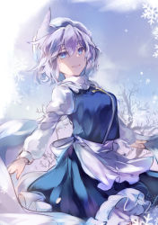 Rule 34 | 1girl, :d, apron, bare tree, blue dress, blue eyes, blue sky, dress, highres, juliet sleeves, kutsuki kai, letty whiterock, light purple hair, long sleeves, looking at viewer, open mouth, outdoors, polearm, puffy sleeves, shawl, sky, smile, snow, snowflakes, solo, standing, touhou, tree, trident, waist apron, weapon, white apron, white headwear