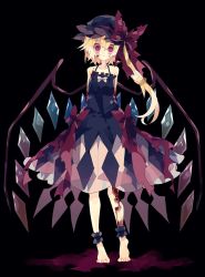 Rule 34 | 1girl, arms behind back, barefoot, black background, black dress, black hat, blonde hair, blood, blood on face, blood on hands, bow, closed mouth, crazy eyes, crystal, dress, flandre scarlet, frills, full body, hair between eyes, hat, hat bow, hat ribbon, highres, looking at viewer, mob cap, nikorashi-ka, ponytail, red eyes, ribbon, side ponytail, simple background, sleeveless, sleeveless dress, solo, torn bow, torn clothes, torn ribbon, touhou, wings