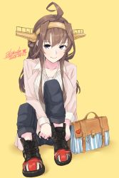 Rule 34 | 1girl, alakoala, alternate costume, anchor symbol, bag, blouse, blue eyes, boots, breasts, brown hair, casual, collarbone, dated, denim, double bun, hair bun, hairband, headgear, highres, jacket, jeans, kantai collection, kongou (kancolle), kongou kai ni (kancolle), long hair, long sleeves, looking at viewer, open clothes, open jacket, pants, shirt, shoelaces, shoes, shoulder bag, signature, simple background, sitting, smile, solo, twitter username, tying shoes, union jack, white shirt, yellow background