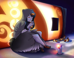 Rule 34 | 1girl, ashes of babel, black hair, can, candle, cloak, colored skin, concept art, deliciousorange, grey skin, harpy, hood, long hair, monster, monster girl, orange eyes, revision, shina (ashes of babel), solo, vending machine, wings