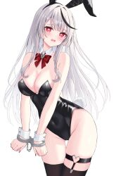 Rule 34 | 1girl, animal ears, black hair, black leotard, black thighhighs, blush, breasts, cleavage, collar, cuffs, detached collar, fake animal ears, fake tail, grey hair, handcuffs, heart, heart-shaped pupils, heart o-ring, highres, hololive, large breasts, leotard, long hair, looking at viewer, nail polish, o-ring, o-ring thigh strap, open mouth, playboy bunny, rabbit ears, rabbit tail, red eyes, red nails, sakamata chloe, solo, strapless, strapless leotard, suineco, symbol-shaped pupils, tail, thigh strap, thighhighs, virtual youtuber, white background, white collar, white wrist cuffs, wrist cuffs