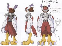 Rule 34 | armor, bird feet, bird tail, character sheet, chestplate, claws, digimon, digimon (creature), digimon adventure 02, feathers, half bird, large hands, official art, red fur, shoulder armor, silphymon, size comparison, size difference, tail, visor cap, white feathers