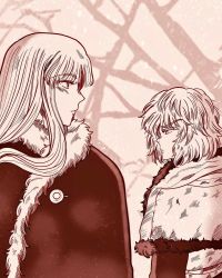 Rule 34 | 2boys, androgynous, blonde hair, blunt bangs, canute, eyebrows, fur, fur collar, fur trim, highres, hood, long hair, looking at another, looking to the side, male focus, messy hair, monochrome, multiple boys, outdoors, prince, profile, sidelocks, snow, themy minamino, thorfinn, tree, viking, vinland saga