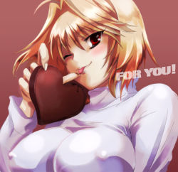 Rule 34 | 00s, 1girl, arcueid brunestud, bad id, bad pixiv id, blonde hair, breasts, chocolate, covered erect nipples, gift, heart, holding, holding gift, incoming gift, izumi (sachikara), large breasts, melty blood, red eyes, short hair, solo, sweater, tsukihime, turtleneck, valentine