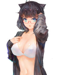 Rule 34 | 1girl, animal ears, bad id, bad pixiv id, black hair, black jacket, blue eyes, bra, breasts, cat ears, chestnut mouth, commentary request, glasses, highres, jacket, kisei2, large breasts, long sleeves, looking at viewer, navel, open clothes, open jacket, open mouth, original, red-framed eyewear, short hair, simple background, solo, stomach, underwear, upper body, white background, white bra